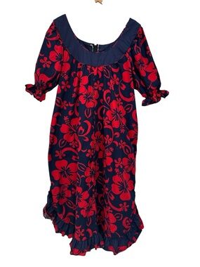 Vintage T&L Muumuu Factory Hawaii Navy & Red Hibiscus Floral Ruffle Dress — XL